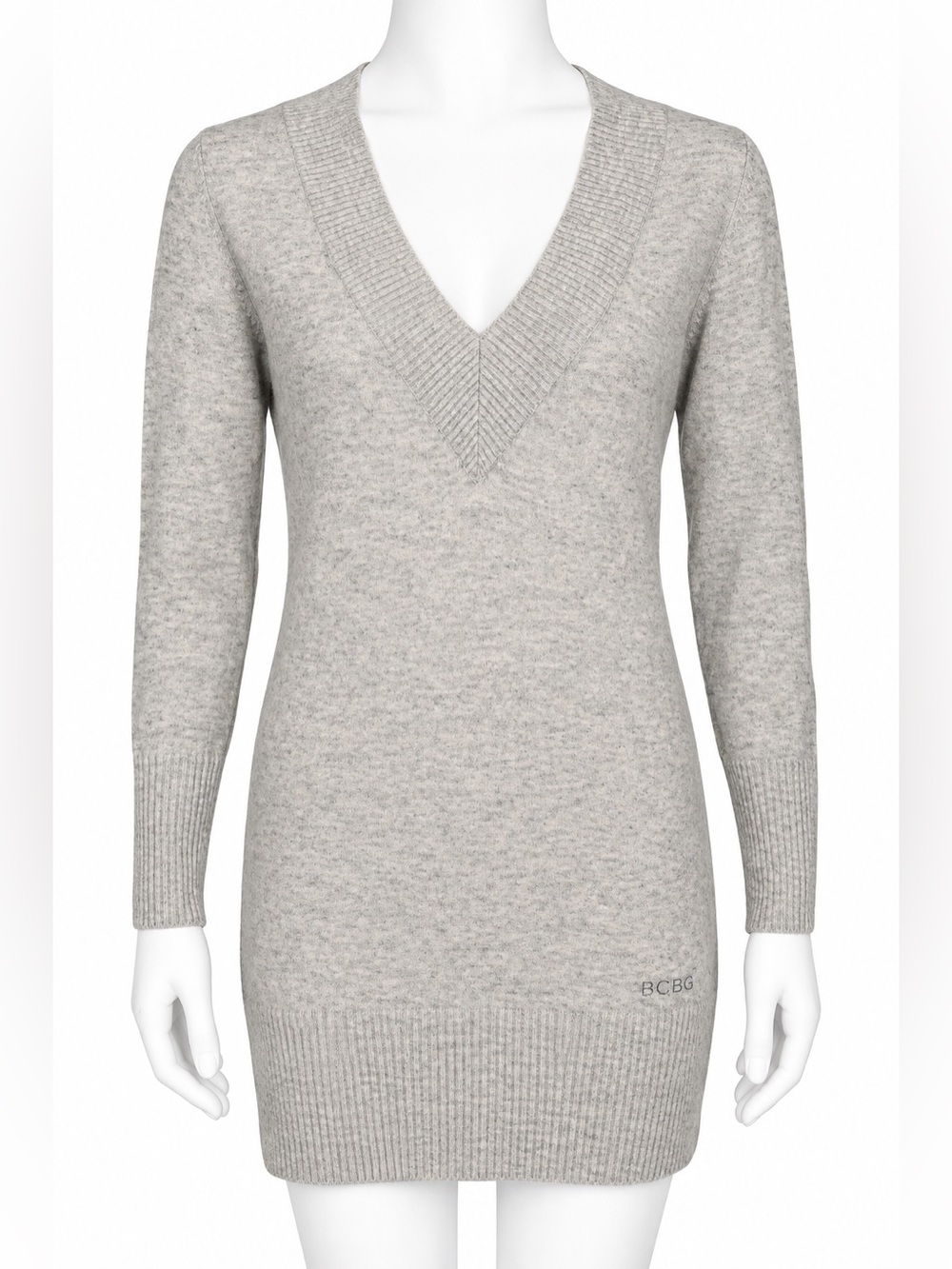 BCBGMaxAzria Light Gray V-Neck Sweater Dress